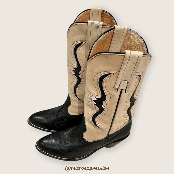 1980s Frye Vintage Black Cream Lizard Cow Leather Pull On Western Cowboy Boot
